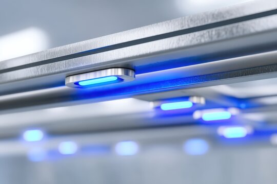 Futuristic high-tech industrial environment with glowing blue LED lights.