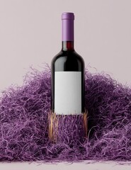 Purple shredded paper wine bottle mockup