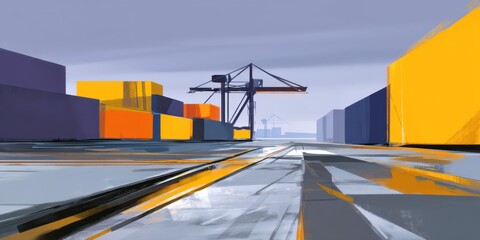 Abstract industrial port with modern shipping containers and logistics crane.