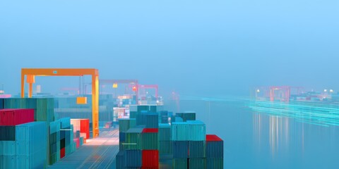 Modern port, stacked containers, gantry cranes, global supply chain logistics.
