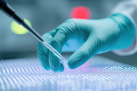 Scientist pipetting gene editing sample for biotechnology research in lab.