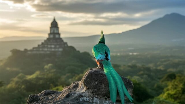 Exotic quetzal perched on mossy branch in misty cloud forest canopy