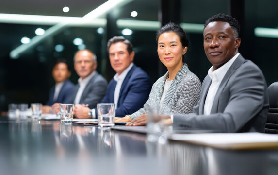 Diverse business professionals collaborating in a modern corporate meeting.