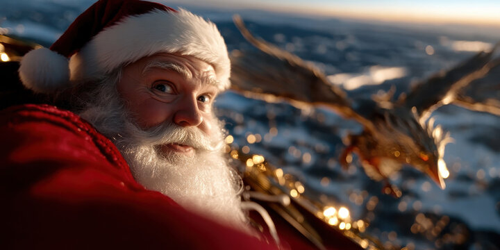 Capturing a delightful moment, Santa shares a selfie with a majestic eagle flying beside him, highlighting the joy of the holiday season amidst a picturesque wintry landscape.