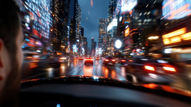 This dynamic image showcases the view from Santa's perspective during a nighttime city rush, filled with vibrant lights and motion, depicting the energy of the festive season.