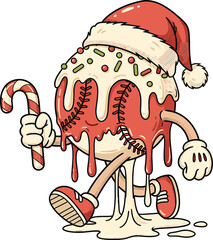 Christmas Dripping Baseball Character with Santa Hat and Candy Cane – Festive Cartoon Sports Illustration
