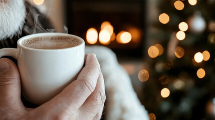 Santa peacefully holds a steaming cup in front of a warm fireplace, representing cozy moments of holiday calmness as festive lights twinkle in the background, radiating joy.
