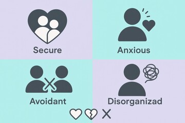 Exploring Attachment Styles in Relationships with Secure Anxious Avoidant and Disorganized Dynamics Illustrated Through Symbolic Icons and Colorful Backgrounds of Emotional Complexity