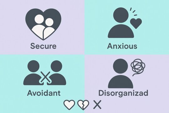 Exploring Attachment Styles in Relationships with Secure Anxious Avoidant and Disorganized Dynamics Illustrated Through Symbolic Icons and Colorful Backgrounds of Emotional Complexity