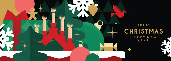 Christmas banner in contemporary flat minimalist style with Scandinavian Christmas candle holder. Design for Holiday banner, advent calendar or greeting card. Vector illustration
