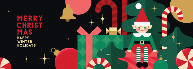 Christmas banner in contemporary flat minimalist geometric style with little Santa's helper sitting on the pile of gift boxes. Design for Holiday greeting cards, postcards or advent calendar. 