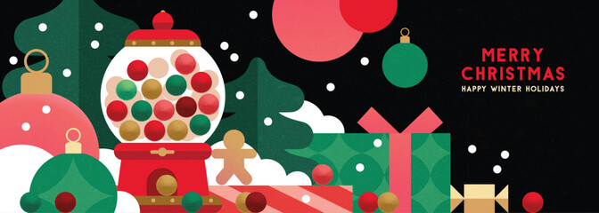 Christmas banner in contemporary flat minimalist style with retro gumball machine. Design for Holiday banner, advent calendar or greeting card. Vector illustration
