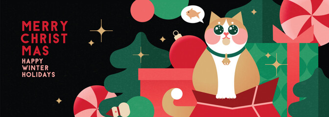 Christmas banner in contemporary flat minimalist geometric style with cute well fed cat sitting on a gift box . Design for Holiday banners, greeting cards or advent calendar. Vector illustration
