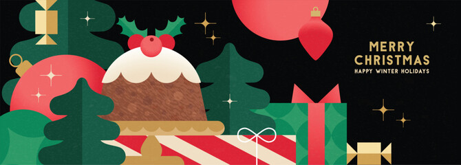 Christmas banner in contemporary flat minimalist style with British traditional Christmas pudding. Design for Holiday banner, advent calendar or greeting card. Vector illustration 
