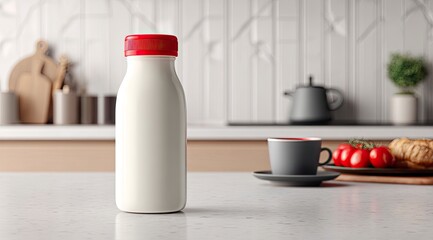White Dairy Bottle with Red Cap in Kitchen