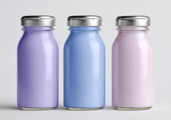 Three pastel glass bottles with silver caps