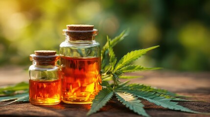 Amber hemp oil in glass bottles