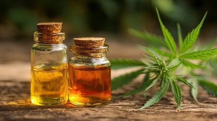 Two bottles of hemp oil with plant