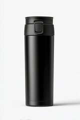 Sleek black insulated travel mug with lid