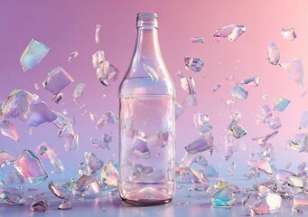 Empty glass bottle among iridescent shards
