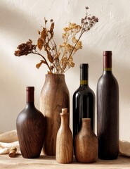 Wooden bottles, vase, dried flowers still life