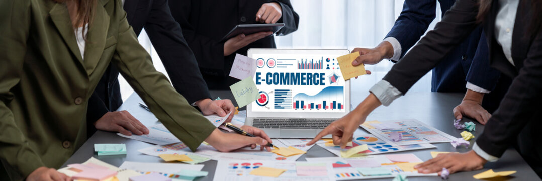 Analyst team use sticky note for creative and analytic brainstorm for business idea with BI data dashboard on laptop screen. Analysis financial data visualization tech for marketing strategy. Prodigy - Powered by Adobe