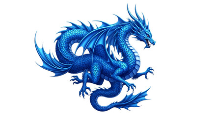 Detailed Blue Dragon, with Spikes and Wings, isolated on white or transparent background, PNG