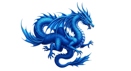 Detailed Blue Dragon, with Spikes and Wings, isolated on white or transparent background, PNG
