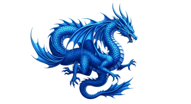 Detailed Blue Dragon, with Spikes and Wings, isolated on white or transparent background, PNG