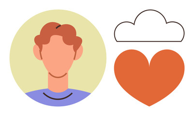 Bust of a person alongside a cloud above a heart, representing thought and emotion. Ideal for mental health, emotion, cognition, psychology, mindfulness, self-care and simplicity. Simple flat