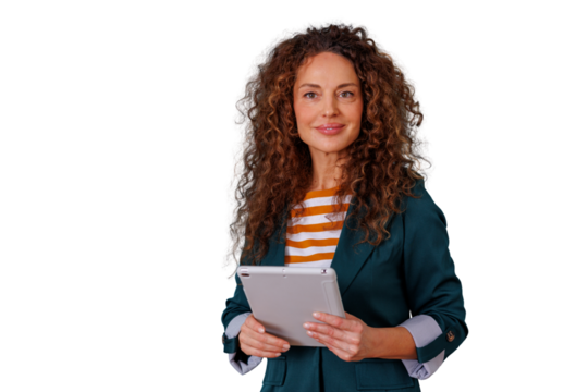 Professional businesswoman holding a tablet, smiling, confident and standing on a transparent background - Powered by Adobe