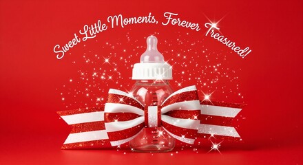 Baby bottle with festive red glitter bow as a gift. Newborn announcement or first Christmas celebration. Sweet moments concept on a red background