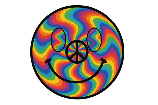 Psychedelic rainbow smiley face with peace sign expression, colorful groovy 1960s hippie retro design, transparent background