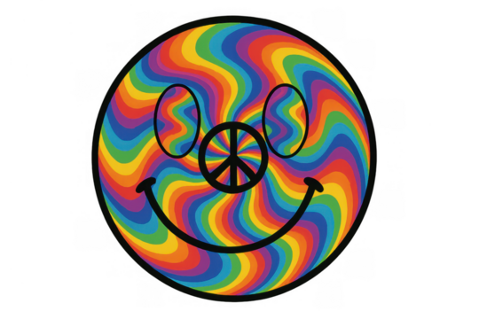 Psychedelic rainbow smiley face with peace sign expression, colorful groovy 1960s hippie retro design, transparent background