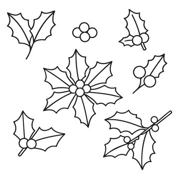 A versatile set of black and white vector illustrations featuring various leaves, twigs, and clusters of traditional Christmas holly berries. Simple line drawing elements, perfect for Christmas cards,