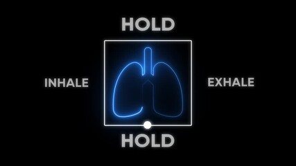 Animation of a box breathing exercise guide with neon glowing lungs icon and inhale hold-exhale cycle. Useful for meditation, relaxation, and mindfulness apps or videos. health awareness campaigns,