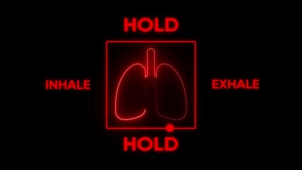Animation of a box breathing exercise guide with neon glowing lungs icon and inhale hold-exhale cycle. Useful for meditation, relaxation, and mindfulness apps or videos. health awareness campaigns,
