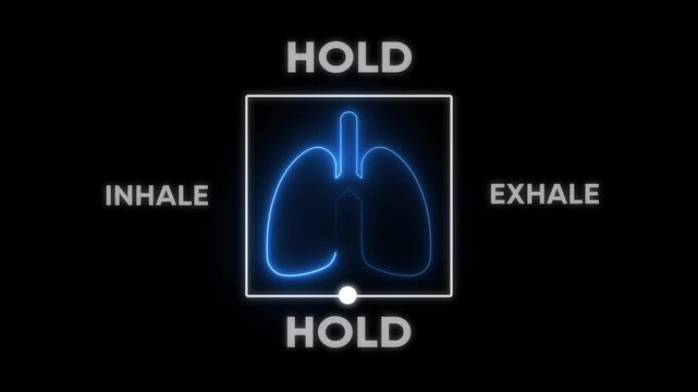 Animation of a box breathing exercise guide with neon glowing lungs icon and inhale hold-exhale cycle. Useful for meditation, relaxation, and mindfulness apps or videos. health awareness campaigns,