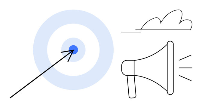 Arrow strikes bullseye in blue target, megaphone amplifies message, and cloud adds abstract thought. Ideal for marketing, goal achievement, communication, strategy, focus, advertising promotion