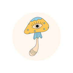 Groovy psychedelic mushroom sticker with eye, retro cartoon shroom symbol in y2k style. Magic circle lid for package, playful sticker with creative symbol, colorful and modern for lid or package