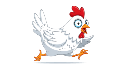Cartoon White Chicken, with wide eyes running with open beak and red comb, isolated on white or transparent background, PNG