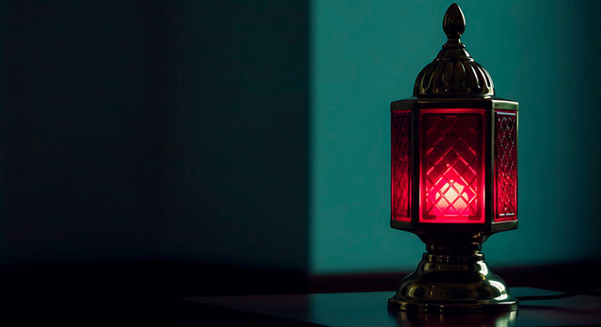 Decorative red lantern lighting up a corner in a dim room  - Synagogue interior lights