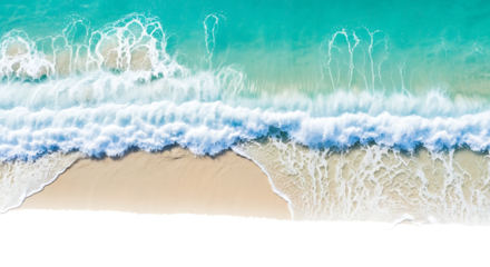 Aerial View of Turquoise Ocean Waves, crashing onto a sandy beach with white foam, isolated on white or transparent background, PNG