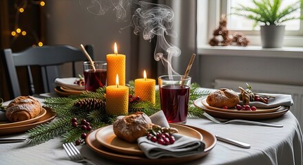 Naklejka premium Yule celebration table beautifully set with glowing beeswax candles, fresh evergreen boughs, rustic pinecones, vibrant red berries, and warm steaming drinks.