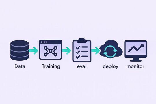 Data processing and machine learning workflow diagram depicting stages of data acquisition, training model evaluation, deployment strategies, and performance monitoring in technology