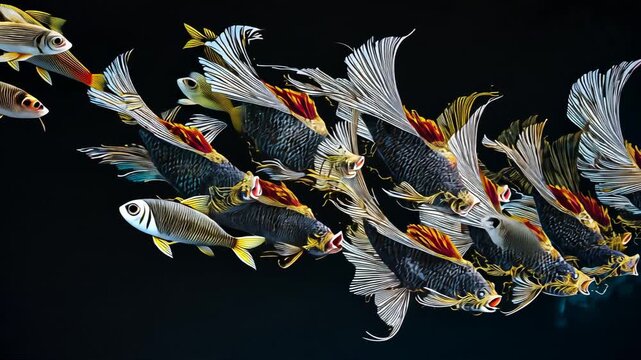 Vibrant School of Colorful Tropical Fish Swimming in Underwater Ocean Ecosystem with Dynamic Motion and Biodiversity