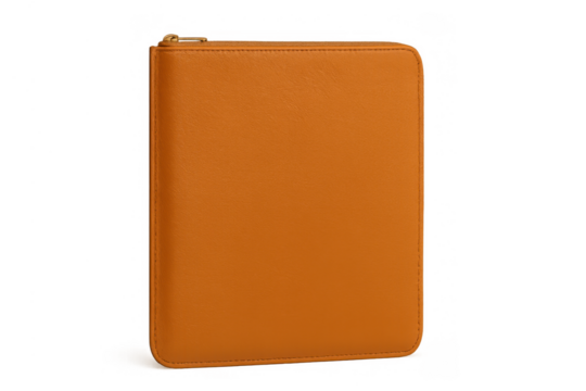 Orange leather business portfolio and document case with zipper, providing secure storage for files and papers
