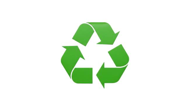 Three Dimensional Green Recycling Symbol, with subtle shading and highlights, isolated on white or transparent background, PNG