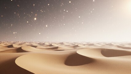 Endless golden dunes shimmer under a starry sky at dawn in a tranquil desert landscape