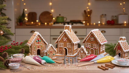 Close-up of hands decorating gingerbread houses with icing — but hands not visible, only tools and decorations, cozy Christmas kitchen
